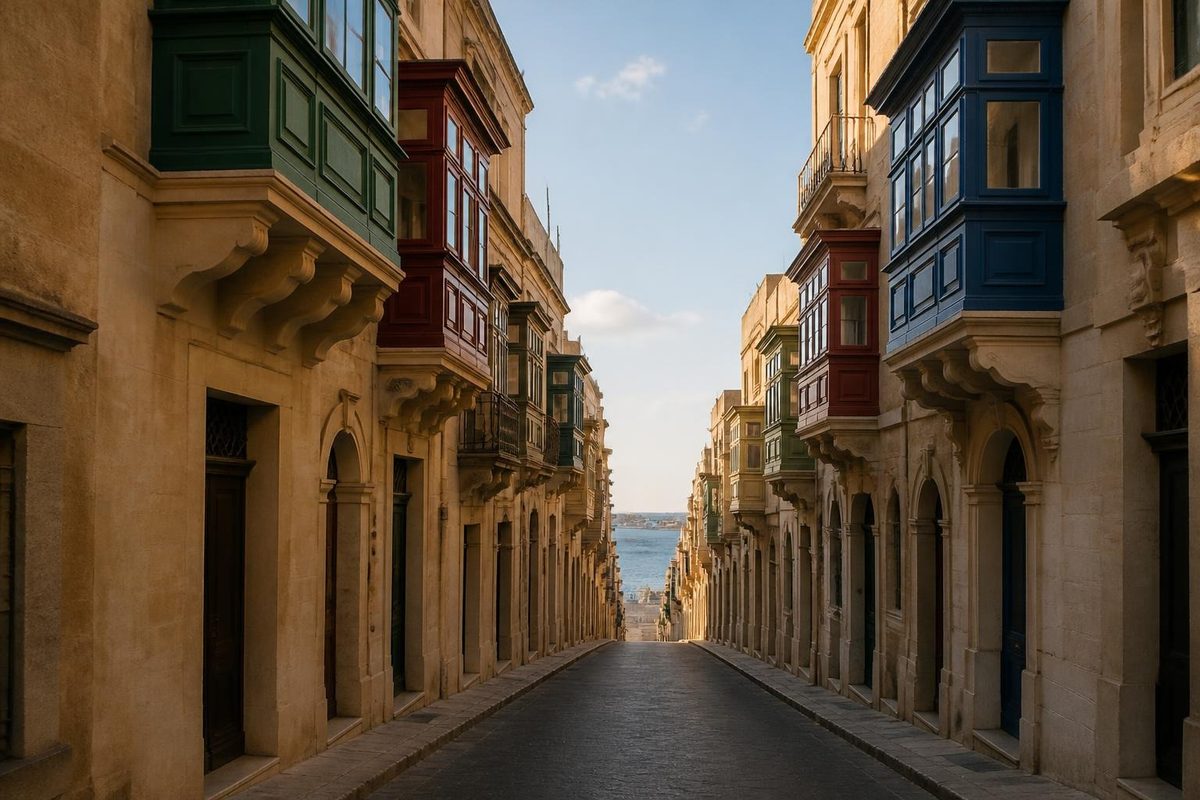 Quiet Maltese street lined with colourful wooden balconies leading to the sea